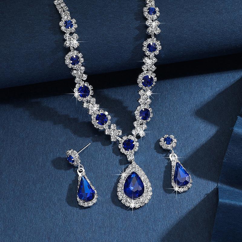 Green Water Drop Jewelry Set Exquisite Rhinestone Pendant Party Women Fashion Necklace Earring Set Prom Wedding Accessories