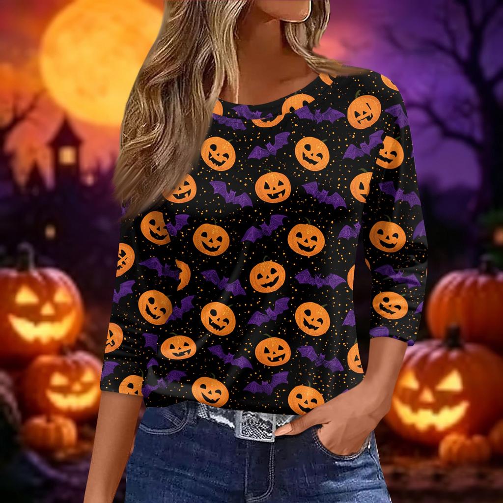 Women's Halloween and Pumpkin Print Short Sleeve Round Neck T-Shirt Casual Pullover Top