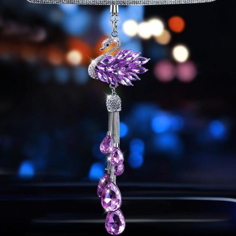 Luxury Rhinestone Car Pendant Crystal Swan Creative Cute Rearview Mirror Hanging Female Car Interior Decoration Pendant
