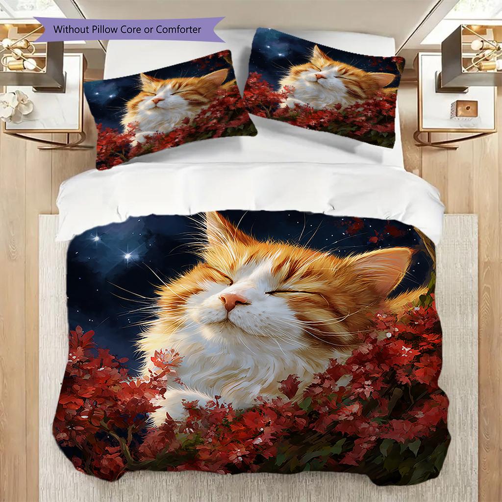 Ginger Cat Pattern Bedding Quilt Set Quilt Cover Pillowcase Home Decoration Birthday Gift (1 * duvet cover + 2 * pillowcase, without core)