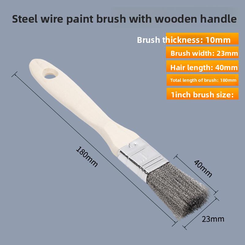 Wooden-handled stainless steel wire paint brush, industrial rust-removing wooden-handled brush, barbecue grill wire brush