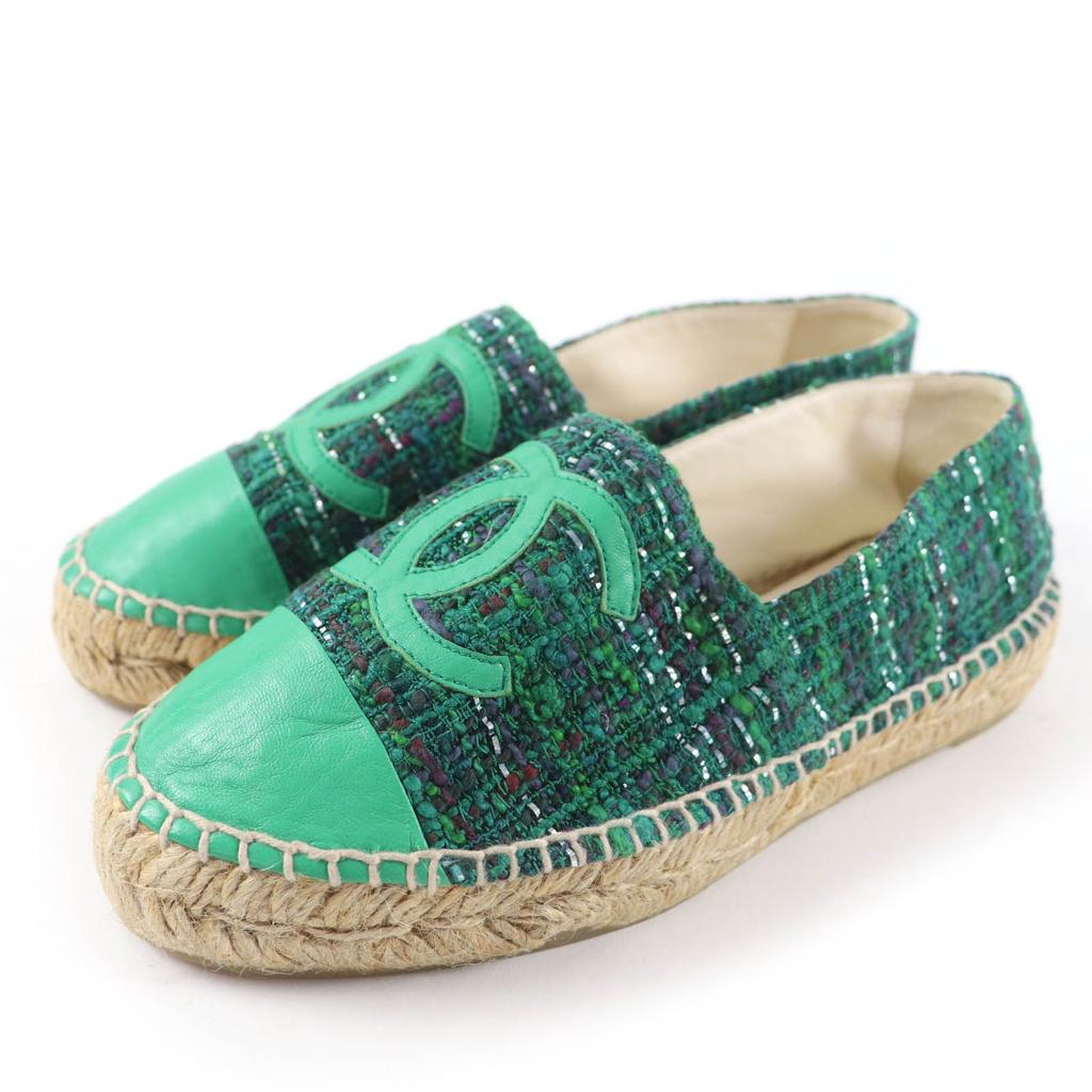 Excellent CHANEL Shoes COCO Mark Fabric Espadrilles Tweed Green Women 35 G29762 Used