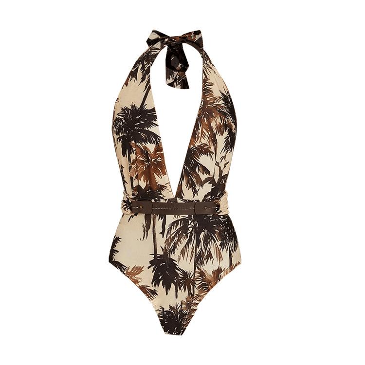 European and American swimsuit deep V neck retro printed one-piece swimsuit set female bikini 8 S