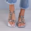 Butterfly rhinestone women's sandals 2025 summer foreign trade large size flat bottom square head transparent elastic band sandals women