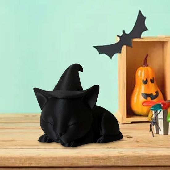 Black Cat Figurine Halloween Decoration Sleeping Witch Cat Sculpture Tabletop Ornament for Indoor Outdoor Garden Porch Desk Decor