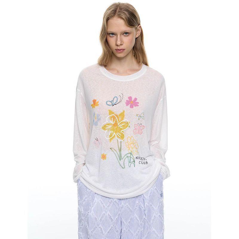 [Sunscreen Fabric] Slack Lazy Wind Floral Printing Long Sleeve Women s Summer Thin Loose and Skinny Sunscreen Blouse S белый