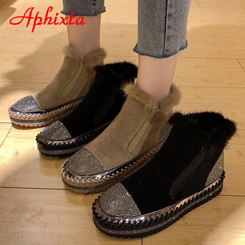 Fashion Aphixta Real Hair Warm Winter Crystals Shoes Woman Elastic Band Couple Chunky Sole Platform Big Size 44 Waterproof Ankle Boots