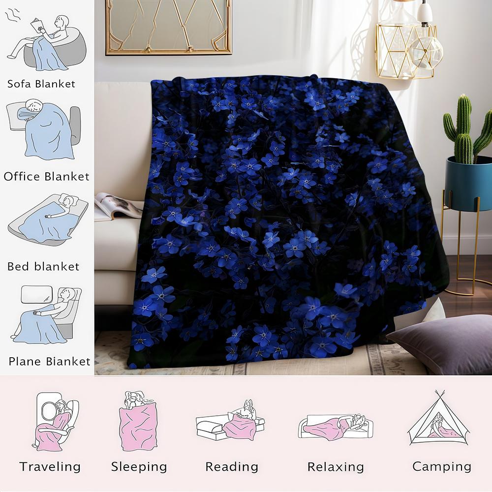 Midnight Blue Bloom Flannel Blanket Warm Soft Halloween Christmas Couch Warm Cozy Decorative Decor Gift for All Season