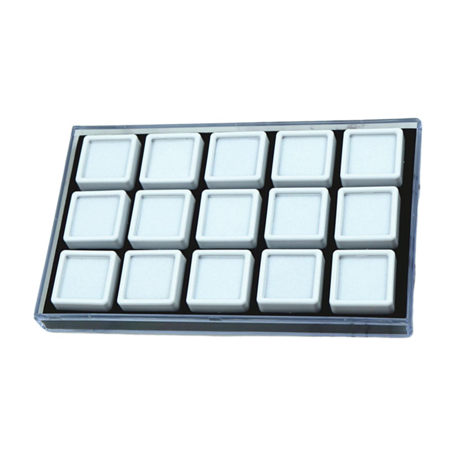 

Акриловая коробка для демонстрации ювелирных изделий с 15 отделениями для хранения драгоценных камней и демонстрации колец, с крышкой и внутренним наполнением из губки белый