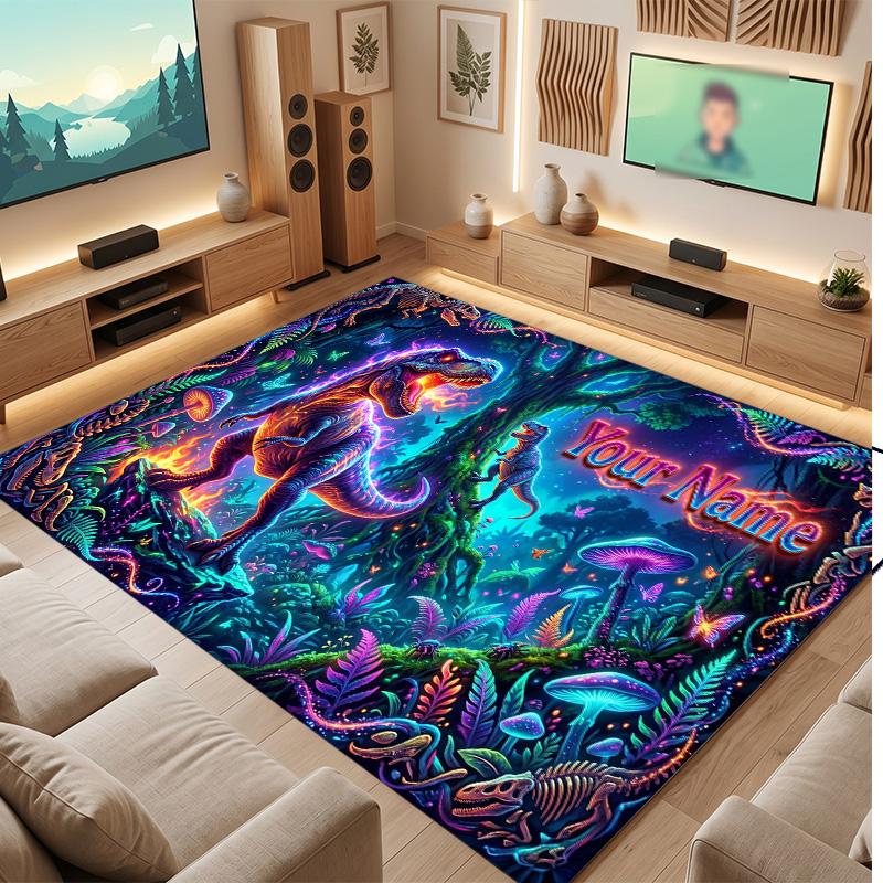 Dinosaur Theme Soft Crystal Velvet Rug Custom Name & Text Print Non Slip Floor Rug for Bedroom Living Room