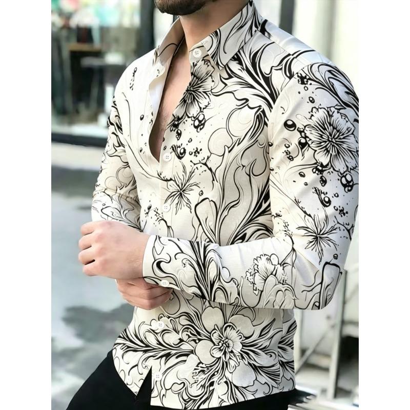 Cămașă Bărbați cu Imprimeu Floare de Bujor, Mânecă Lungă, Guler Slim Fit, Trendy Casual pentru Petrecere