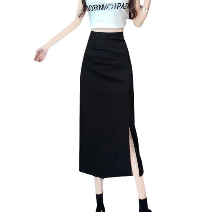 Irregular Slit Pleated Long Skirt - Spring & Autumn 2024, Women's High-Waist A-Line