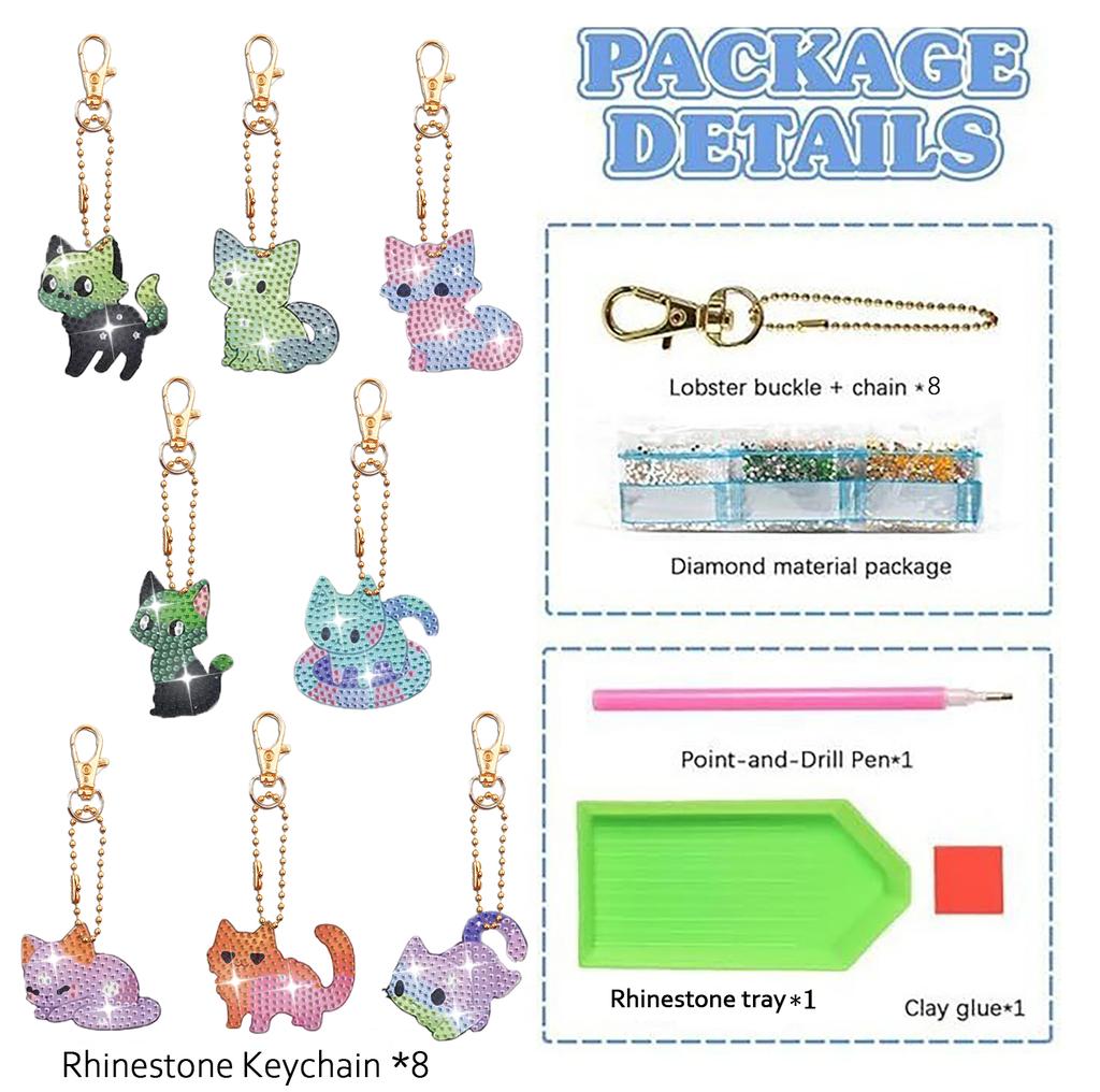 8 STÜCKE/Set DIY Acryl Diamantmalerei Schlüsselanhänger/Taschenanhänger mit doppelseitigem Kuh/Bunte Katze/Hahn Musterdesign