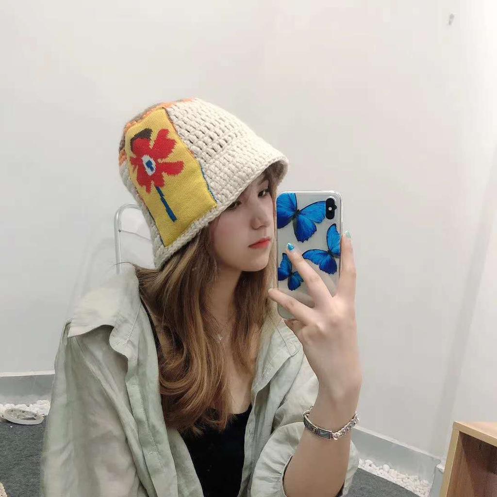 Hat Female Autumn and Winter Face Small Bucket Hat Black Wool Hat Thickened Knitted Bucket Hat