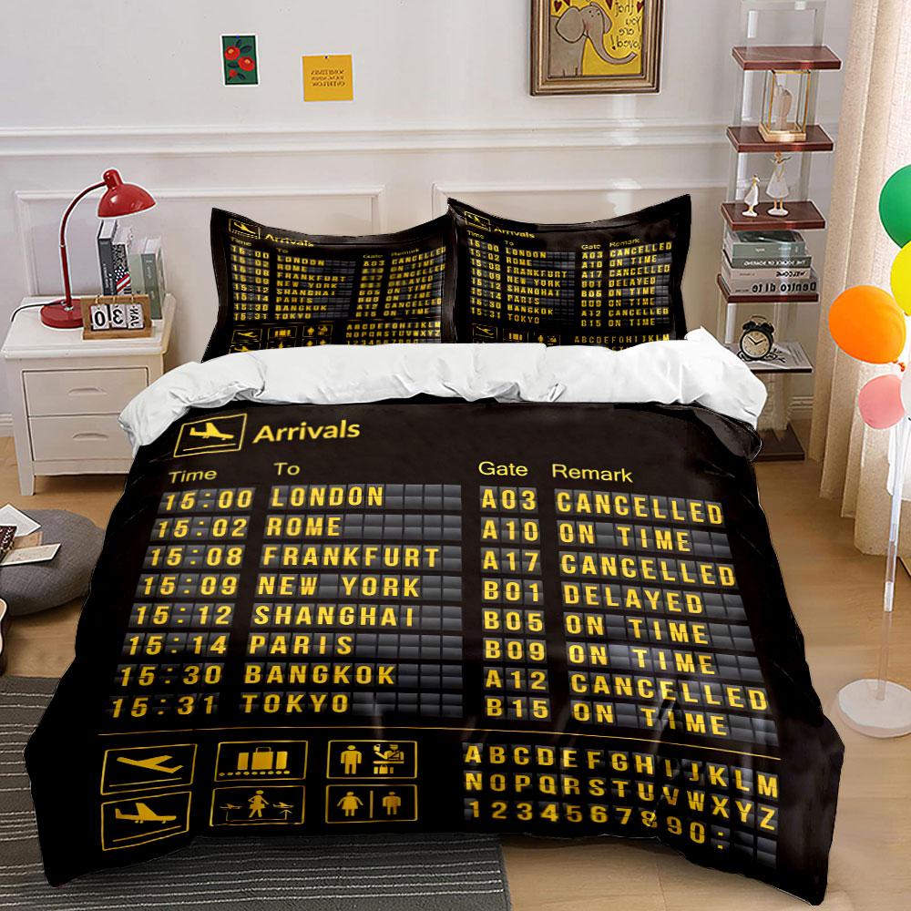 Ensemble de housse de couette 3 pièces avec tableau d'informations d'arrivée de vol Design d'impression 3D Ensemble de literie doux en polyester Confort toutes saisons EU Twin 135X200cm&set