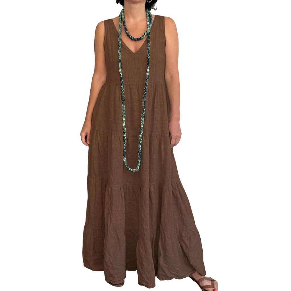 Women's Fashionable Loose-Fit Sleeveless Cotton-Linen Blend Shirt Dress