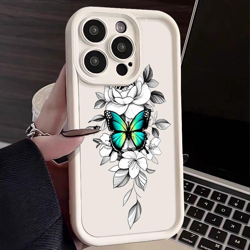 Butterfly Flowers Pattern Soft Silicone Case For iPhone 15 16 14 Pro Max 15 14 Plus 11 12 13 Pro 16E XR Shockproof Phone Cover