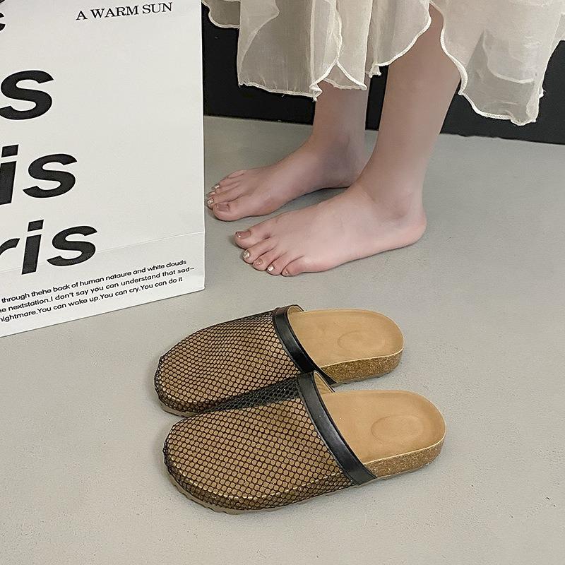 Fishnet woven hollow sandals summer new round head thick sole fisherman shoes bag head half slippers