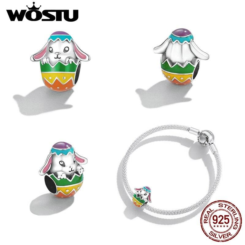WOSTU 925 sterlingsølv dyr kanin påskeegg sjarm perle anheng passer originalt armbånd halskjede for kvinner smykker