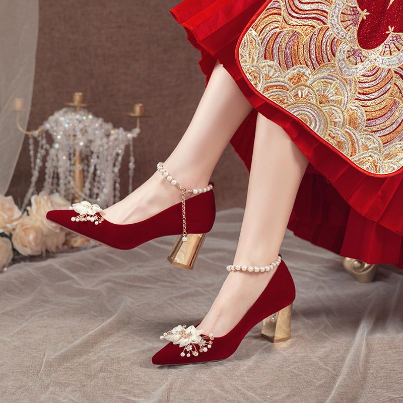 Fashion Comemore Red High Heel Chinese Style Bridal Wedding Shoes Women 2024 Beaded Women's Shoe Pointed Toe Pumps Fashion Pump Heels 34