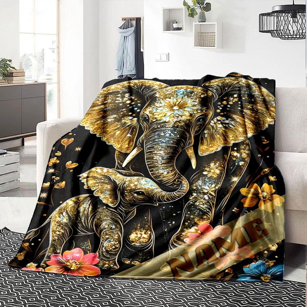 Elephant Family With Floral Decorations Throw Customizable Blanket Customize Text Soft Warm Cozy Throw For Sofa Couch Office Bed Picnics Four Seasons