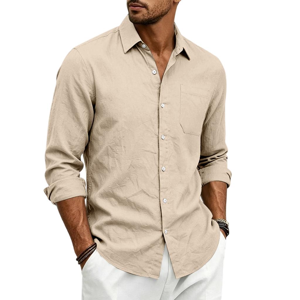 Men’s Linen Long Sleeve Shirt with Classic Turn-Down Collar and Single Chest Pocket Casual Relaxed Fit for Spring and Autumn