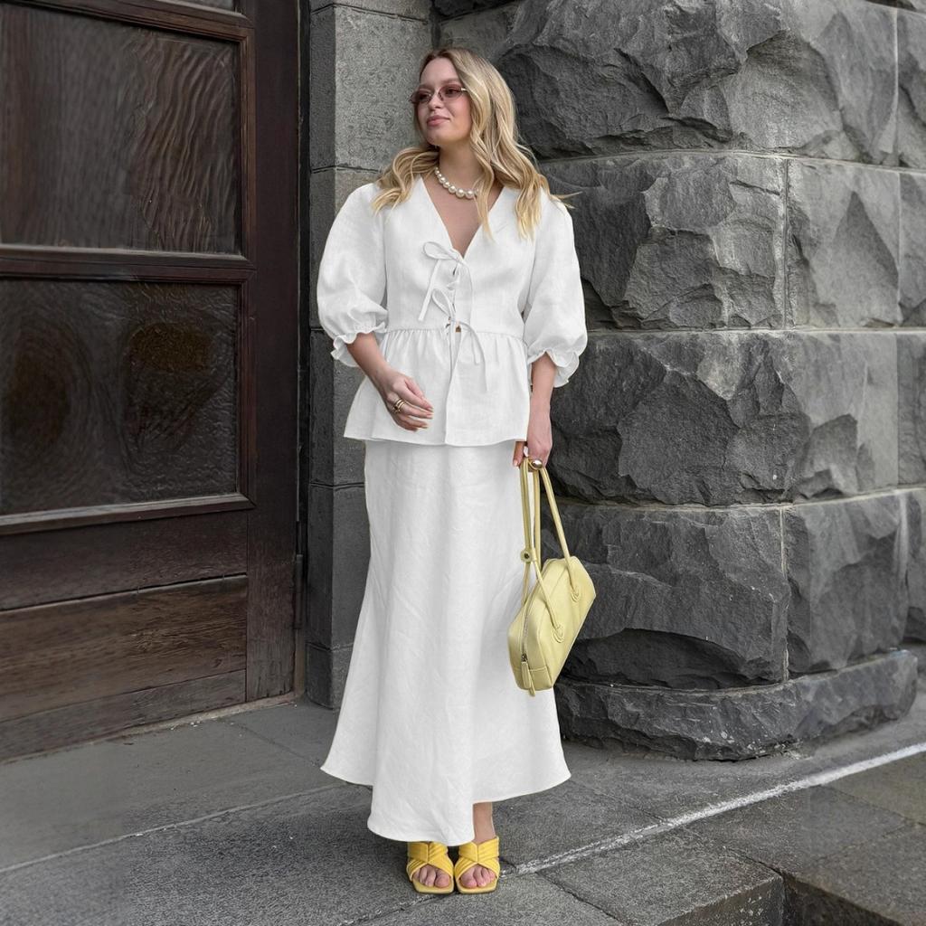 Summer New V-neck Short Sleeve Ruffled Trim Long Midi Skirt Two Piece Set Outfit Women's Casual European American Style