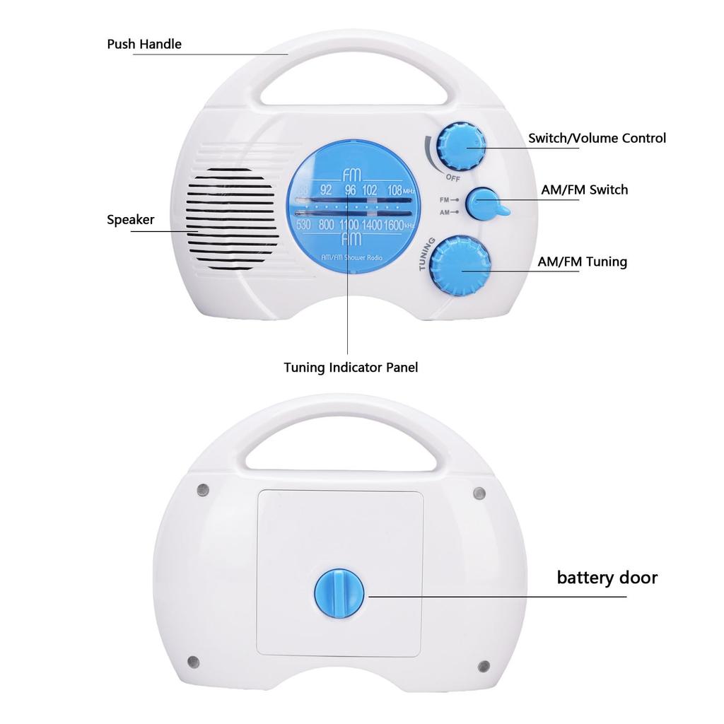 Waterproof Shower Radio, Portable Bathroom Radio with Adjustable AM/FM Volume for Home Hot Tub Bathrooms and Outdoors, Easy Adjustment