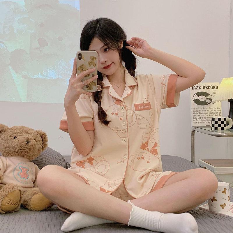 Can Wear Pajamas Women's Summer Cute Cartoon Bear Cotton Short-sleeved Cardigan Loungewear Women's Suit