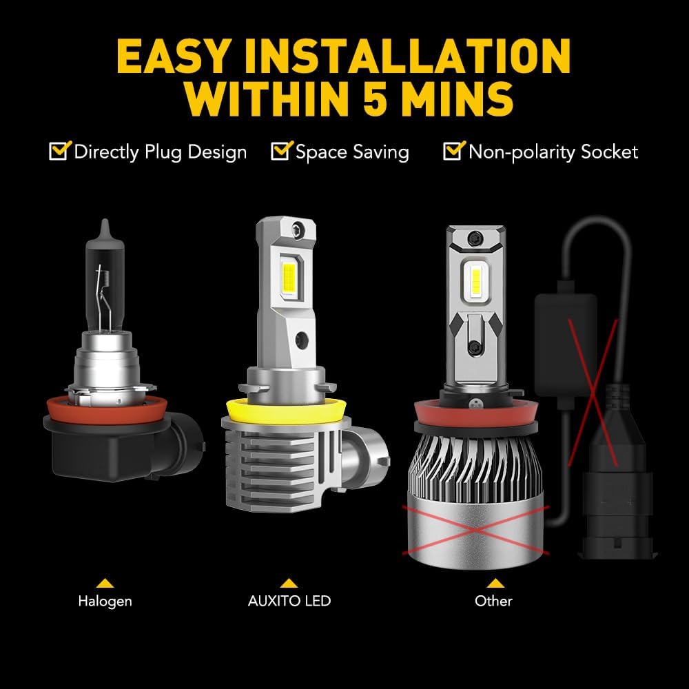 AUXITO 9005 H11 Fog Light Bulbs 50000ML Per Set 6500K Cool White Without Cooling Fan, Plug-N-Play 120W, Pack Of 4