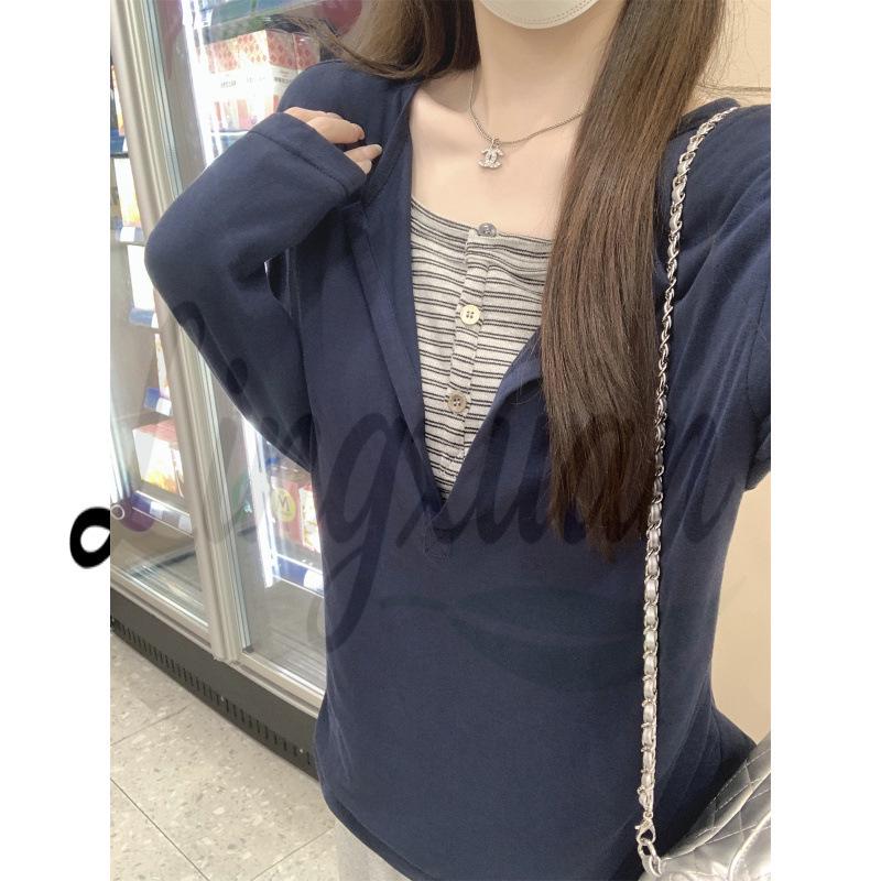 Color Block Korean Style Women s Long Sleeve Layered Look T-shirt L