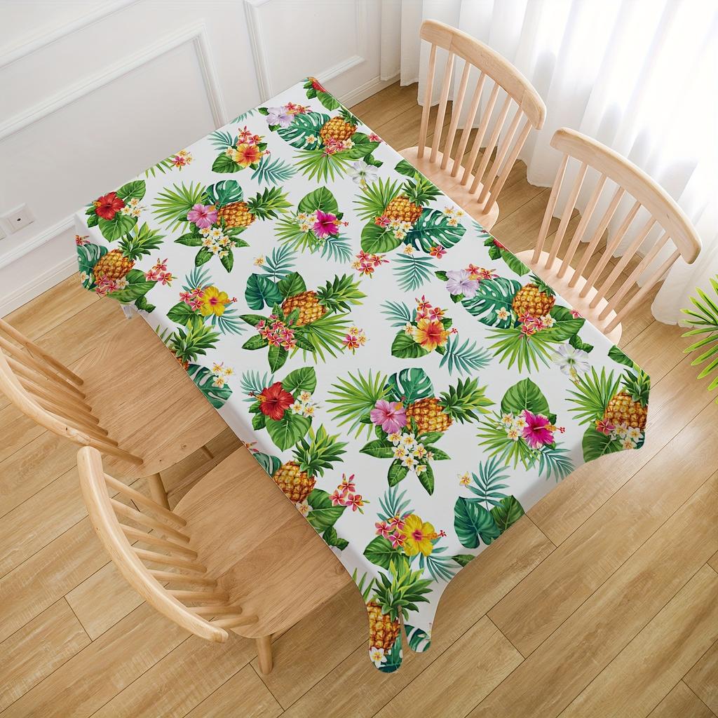 Round Polyester Tablecloth, printed with bright green pineapple & tropical leaves. Durable, reusable and easy to clean. Great decor for kitchen, dinin