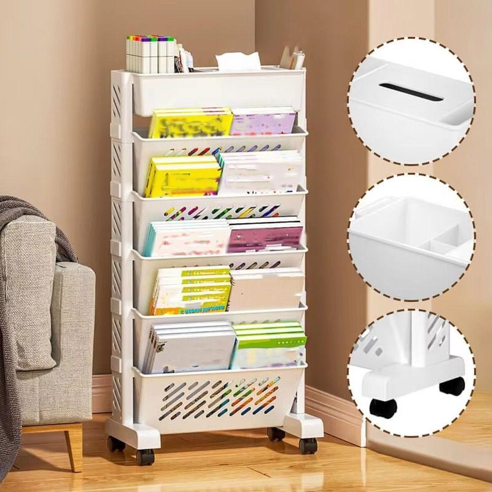 5/6 Layers Bookshelf On Wheels Large Capacity Book Storage Rack Movable Book Shelf  Student Use