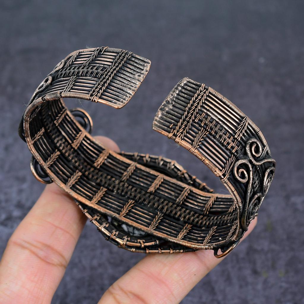 Natural Black Rutile Gemstone Copper Wire Wrap Cuff Bangle Adjustable R7N37