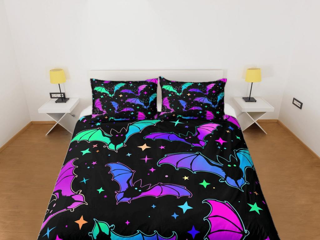 Neon Bats Duvet Cover Set, Gothic Halloween Bedroom Set, Trippy Bat Quilt Cover, Multicolor Bedspread, Custom Bedding set, Beautiful bed set
