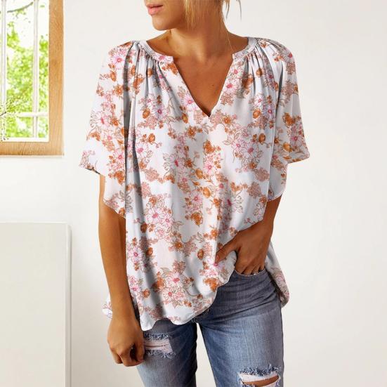 

Летняя женская футболка с v-образным вырезом и коротким рукавом, плиссированный дизайн, свободный пуловер с цветочным принтом, топы, уличная одежда