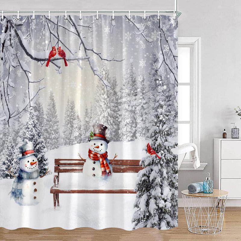 Blue Snowman Shower Curtain Fir Branch Xmas Ball Gift Snowflake Winter Christmas Bath Curtain Set Home Bathroom Decor with Hoo