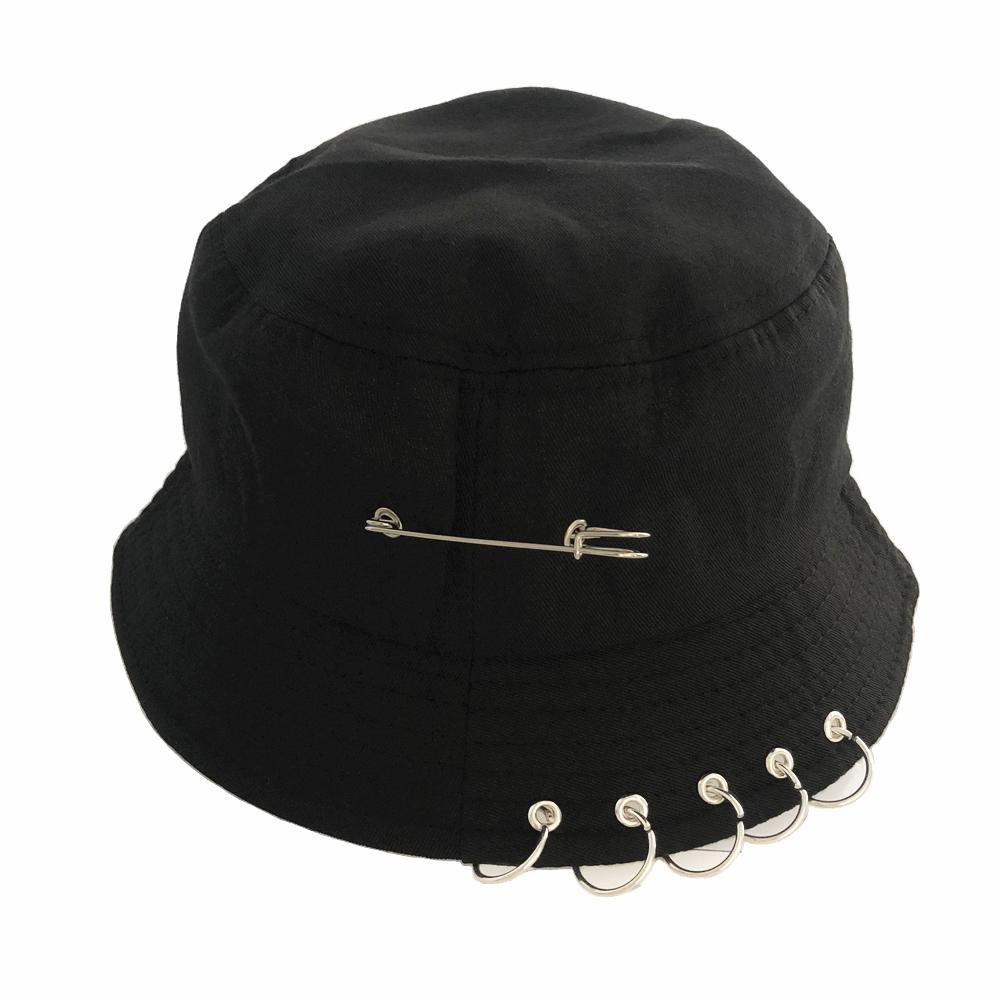 Unisex Cotton Bucket Hat Solid Color Fishermen Cap Iron Pin Rings Personality Factory Sells