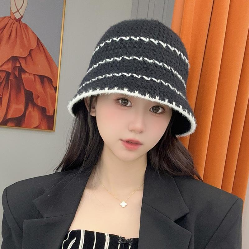 

Knitted Fisherman s Hat Children s Autumn and Winter Stripes Show Small Face Versatile Basin Hat Warm Ear Protector Wool Bucket Hat