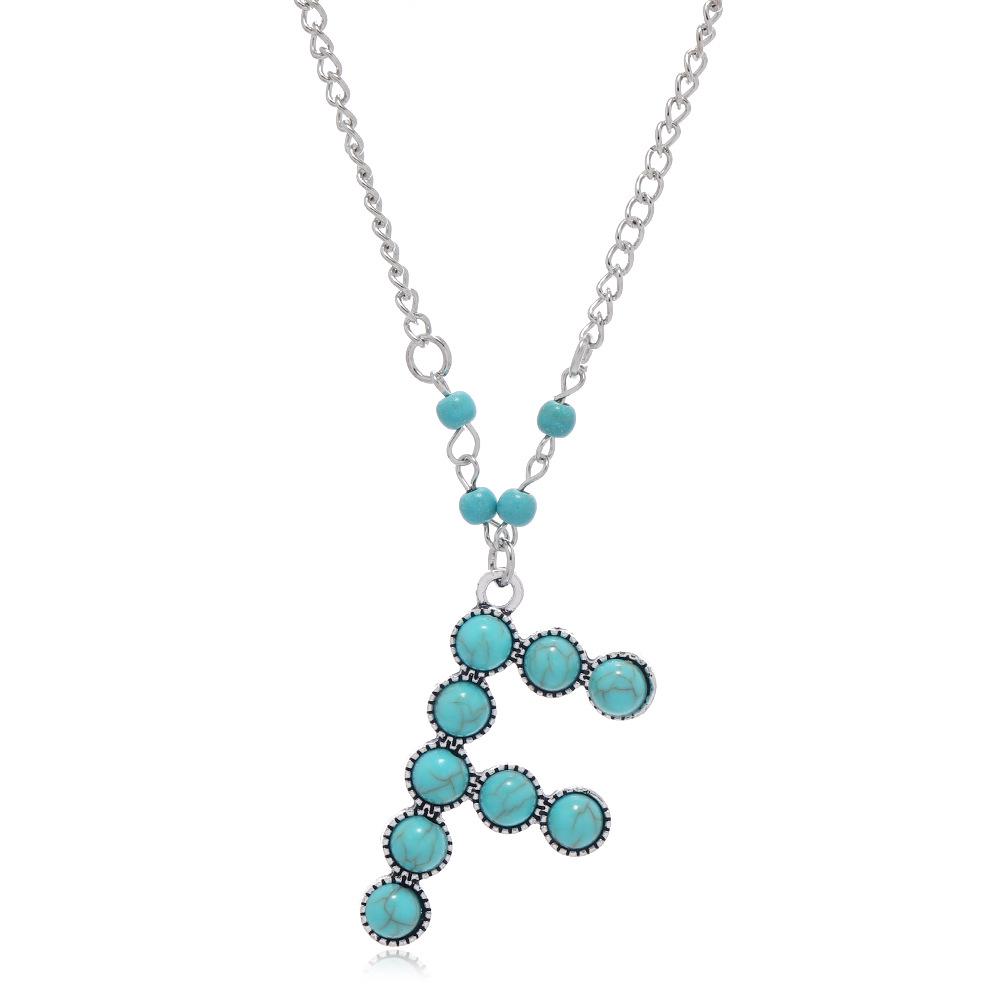 Women s Ethnic Style Long Necklace with Retro Inlaid Turquoise & Alloy Letter Choker