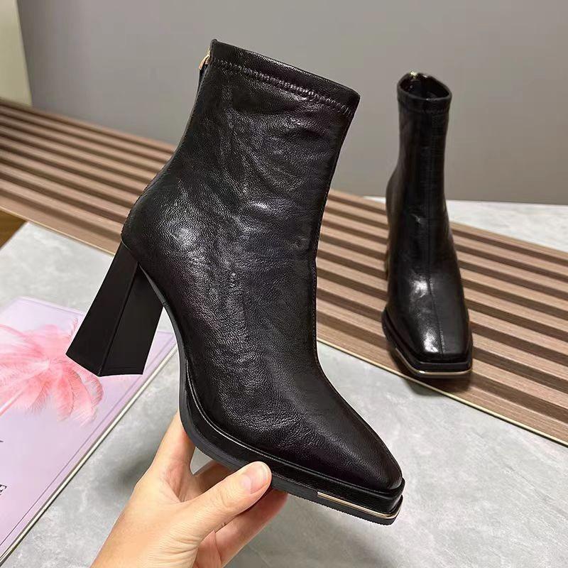 

Metal Anti-collision Square-toe Booties Autumn and Winter New Rear Zipper Soft Sole Anti-slip Wear-resistant High Heels 39