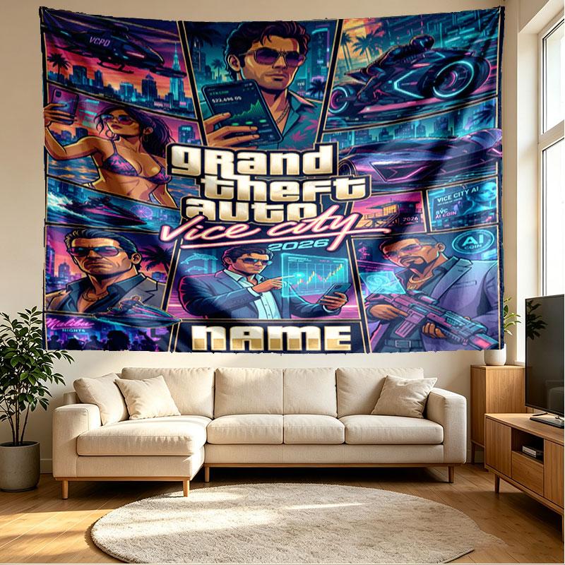 Custom Name Personalized Grand Theft Auto Print Tapestry, Wall Art Decor, Bedroom, Dorm, Apartment, LivingRoom, Party Backdrop, Gift for Birthday