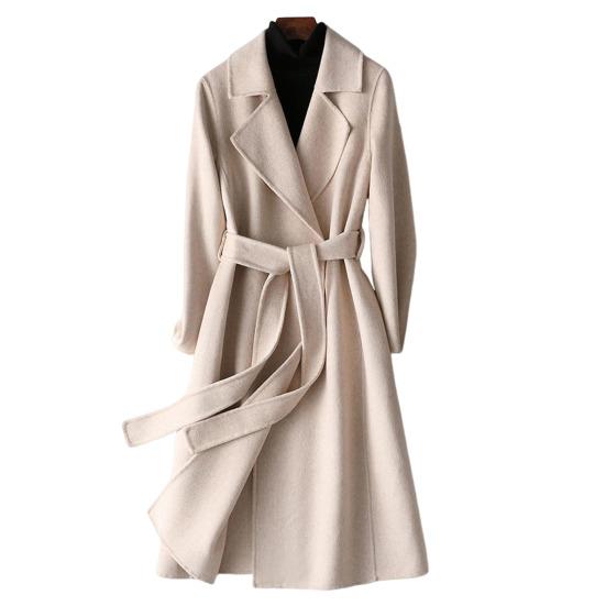 

Женское длинное шерстяное двубортное пальто с лацканами с вырезом, тренч с открытой передней частью, приталенное, теплое пальто на осень-зиму с поясом 3XL бежевый