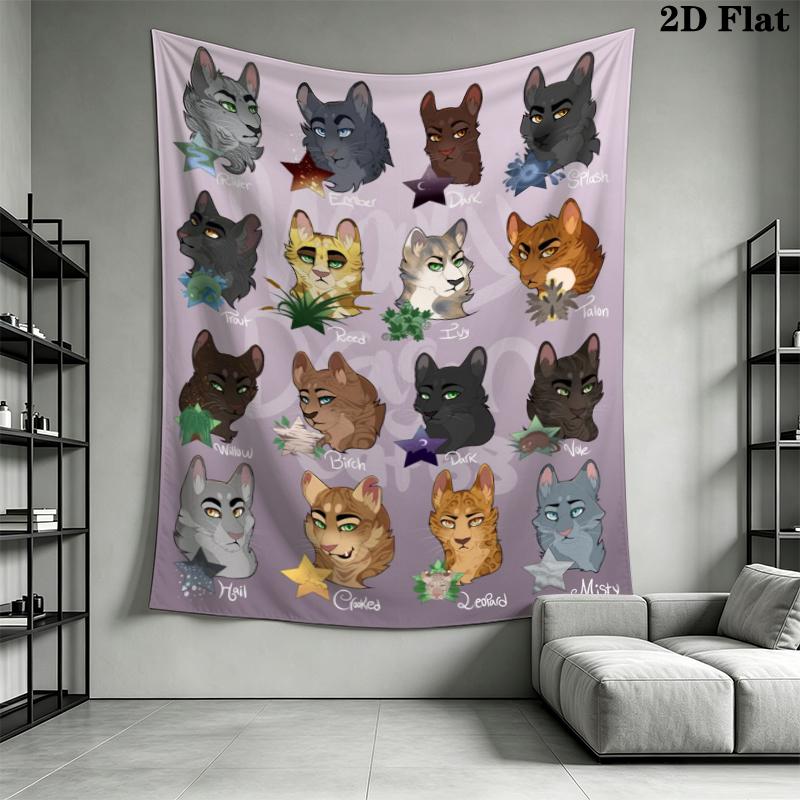 Cat Warrior Wall Tapestry Aesthetic Wall Hanging Printed Fabric Blanket Decorative Tapestries for Bedroom Living Room Home Decor