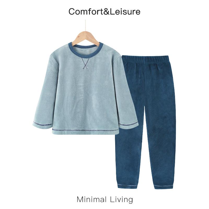 Unisex Fleece-Lined Children's Flannel Pajama Set for Autumn and Winter