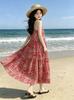 French Luxury Vacation Style Camisole Dress for Teenagers, Bohemian Floral Beach Casual Long Dress