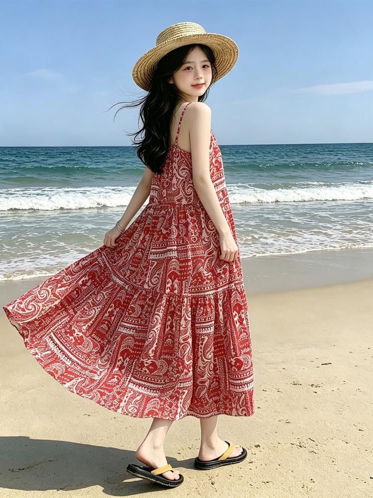 French Luxury Vacation Style Camisole Dress for Teenagers, Bohemian Floral Beach Casual Long Dress