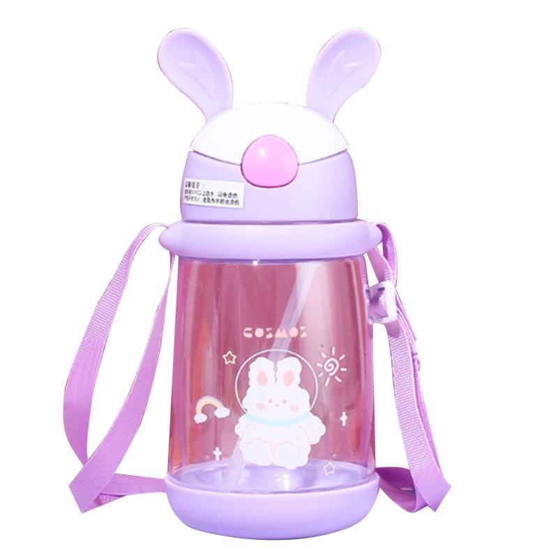 Kids Children School Drinking Water Straw Bottle Cartoon Bunny Straw Baby Cup with Shoulder Strap Water Bottle