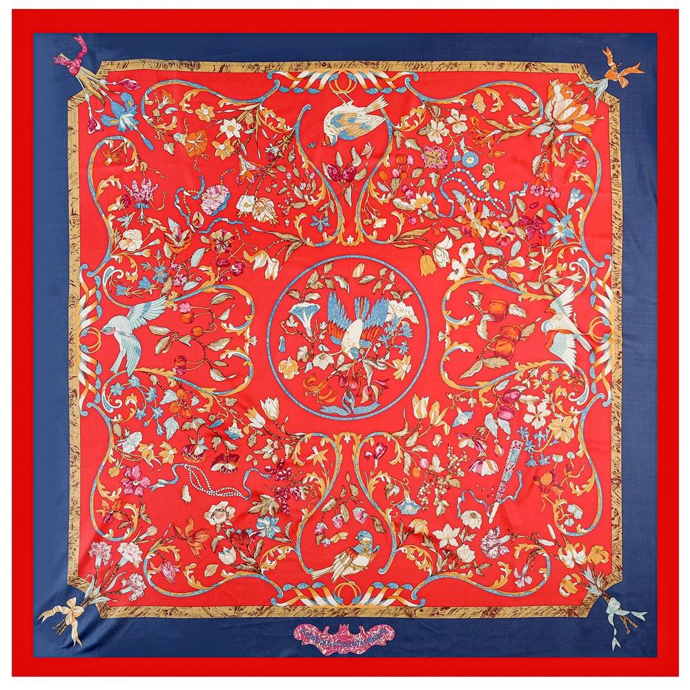 

130cm Big Square Scarf Brand Design Flower Birds Luxury Twill 100% Silk Scarf Women Scarves For Ladies Fashion Kerchief Shawl 130x130cm