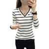 V-neck Long Sleeved Striped T-shirt for Women